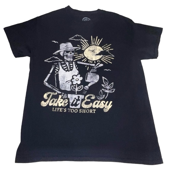 Life’s Too Short Take It Easy Mens Crewneck T Shirt Tee Graphic Skeleton Medium - Picture 2 of 10